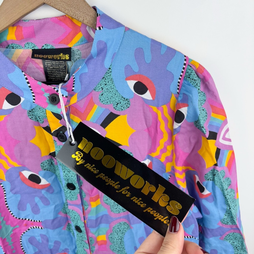 Nooworks Mucci Olive Dress Eye Rainbow Button Front Long Sleeve Maxi NEW Large - Picture 5 of 8